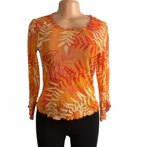 CLIO Vintage Y2K Mesh Long Sleeve Orange Leaf Print Top